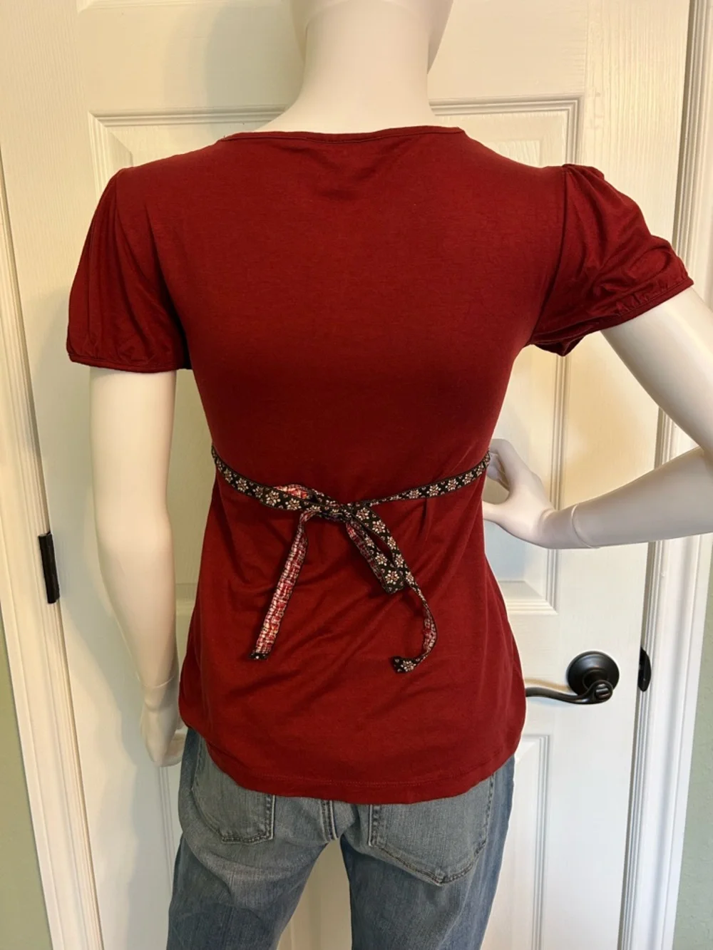 LOFT Deep Red V-Neck Empire Waist Short Sleeve Top with Embroidered Band - Picture 2 of 4